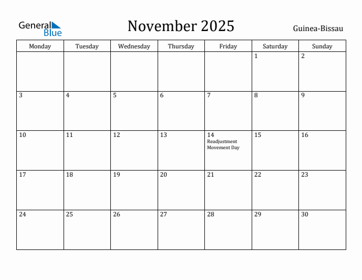 November 2025 Calendar Guinea-Bissau