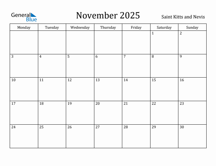 November 2025 Calendar Saint Kitts and Nevis