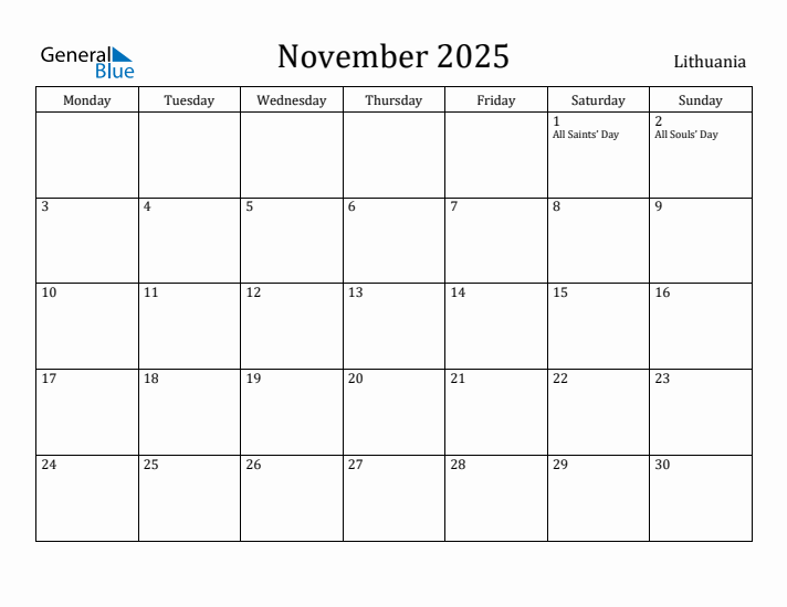 November 2025 Calendar Lithuania