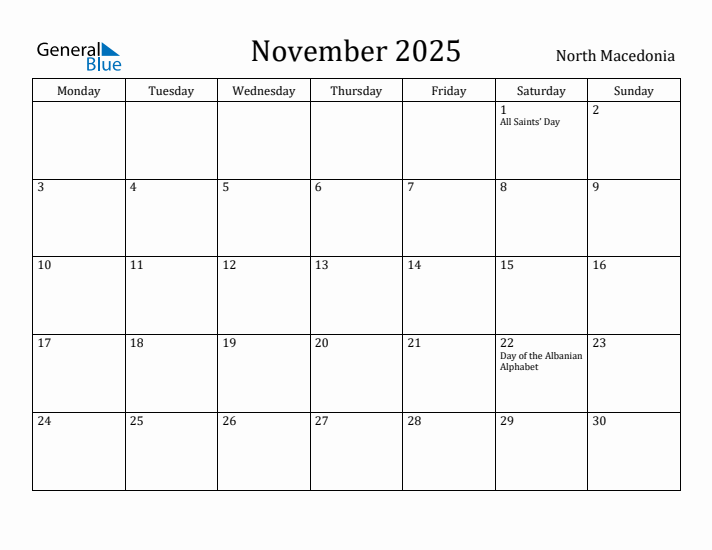 November 2025 Calendar North Macedonia