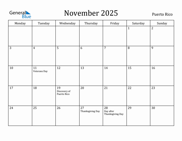 November 2025 Calendar Puerto Rico