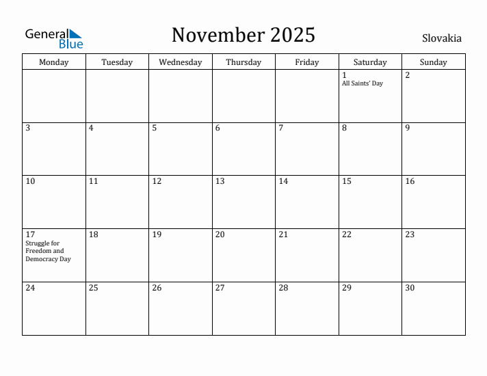 November 2025 Calendar Slovakia