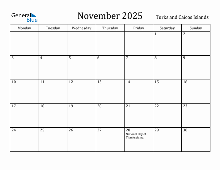 November 2025 Calendar Turks and Caicos Islands