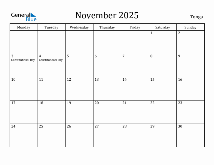 November 2025 Calendar Tonga