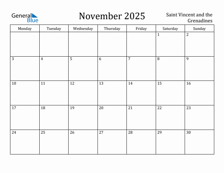 November 2025 Calendar Saint Vincent and the Grenadines