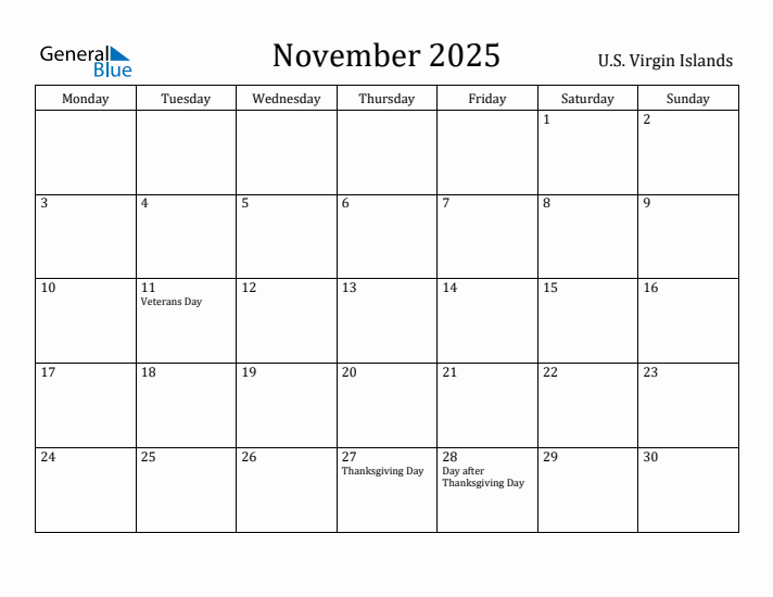 November 2025 Calendar U.S. Virgin Islands