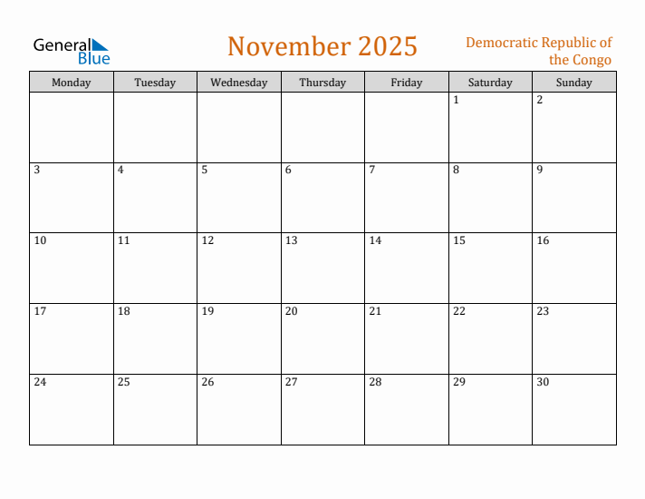November 2025 Holiday Calendar with Monday Start