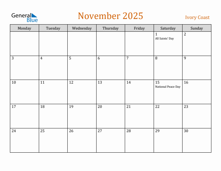 November 2025 Holiday Calendar with Monday Start