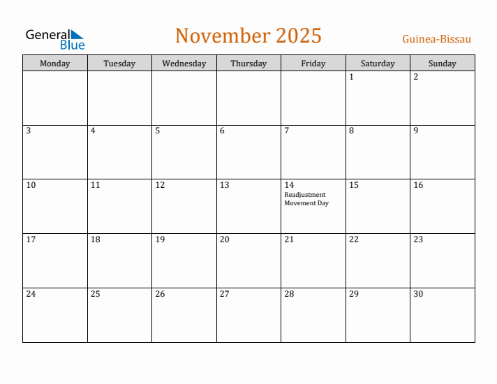 November 2025 Holiday Calendar with Monday Start