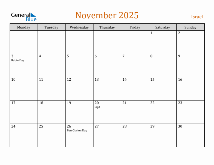 November 2025 Holiday Calendar with Monday Start