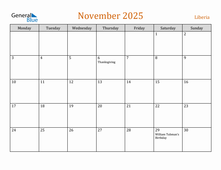 November 2025 Holiday Calendar with Monday Start