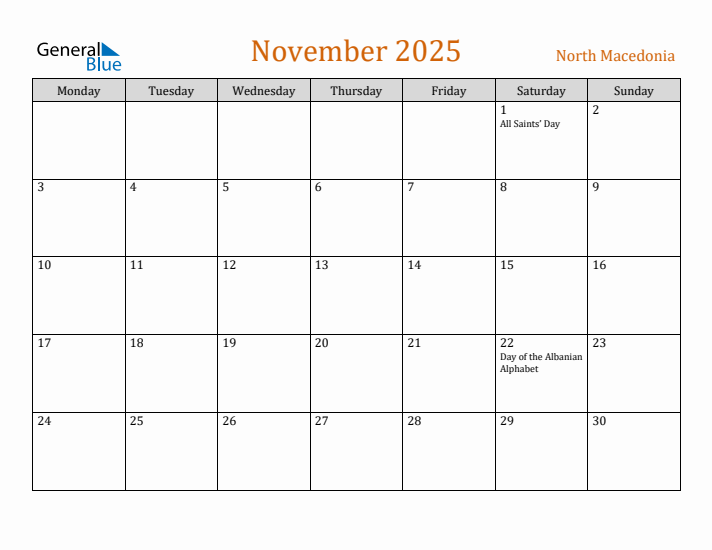 November 2025 Holiday Calendar with Monday Start