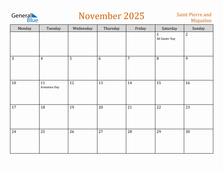 November 2025 Holiday Calendar with Monday Start