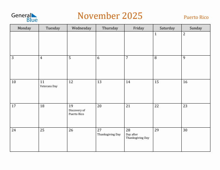 November 2025 Holiday Calendar with Monday Start