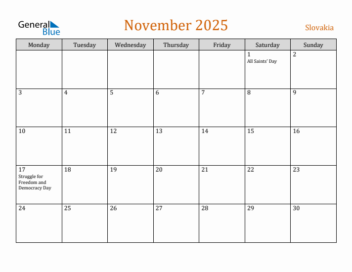November 2025 Holiday Calendar with Monday Start