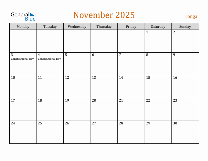 November 2025 Holiday Calendar with Monday Start