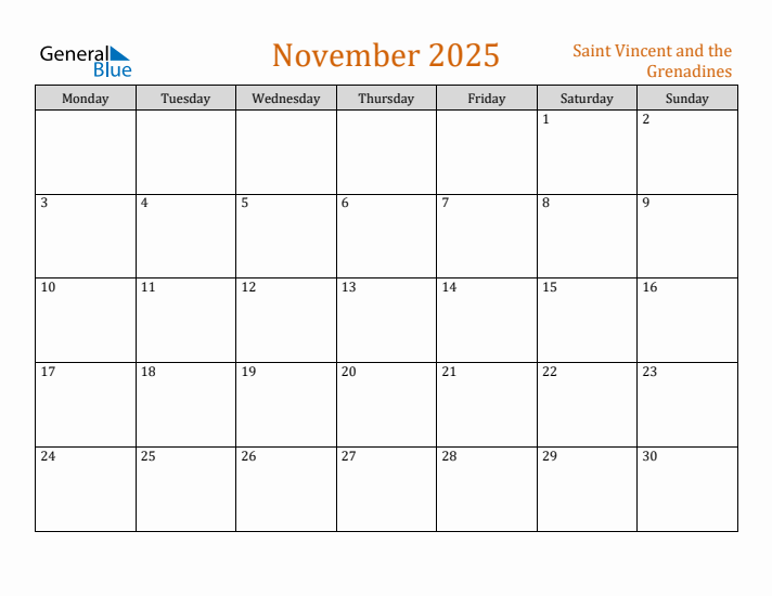 November 2025 Holiday Calendar with Monday Start