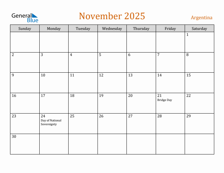 November 2025 Holiday Calendar with Sunday Start