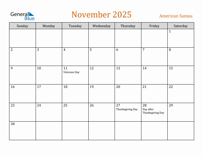 November 2025 Holiday Calendar with Sunday Start