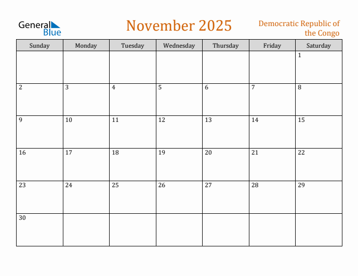 November 2025 Holiday Calendar with Sunday Start