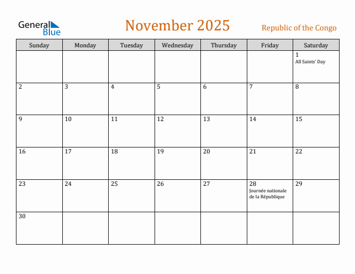 November 2025 Holiday Calendar with Sunday Start