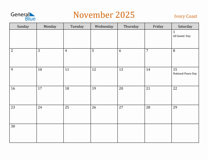November 2025 Holiday Calendar with Sunday Start