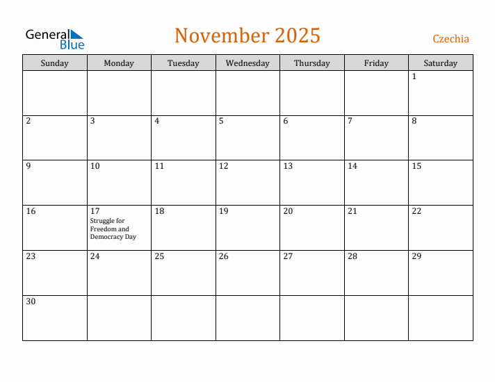 November 2025 Holiday Calendar with Sunday Start