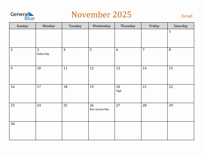 November 2025 Holiday Calendar with Sunday Start