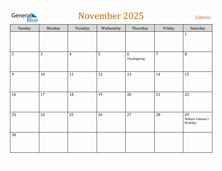 November 2025 Holiday Calendar with Sunday Start