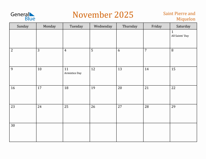 November 2025 Holiday Calendar with Sunday Start