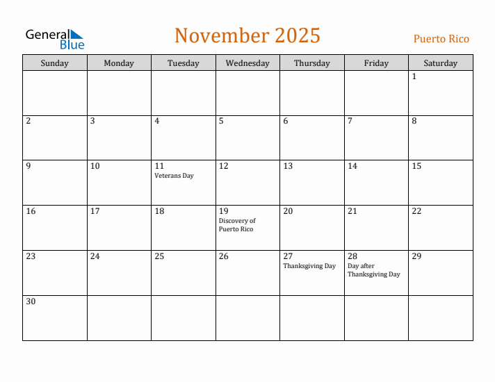 November 2025 Holiday Calendar with Sunday Start