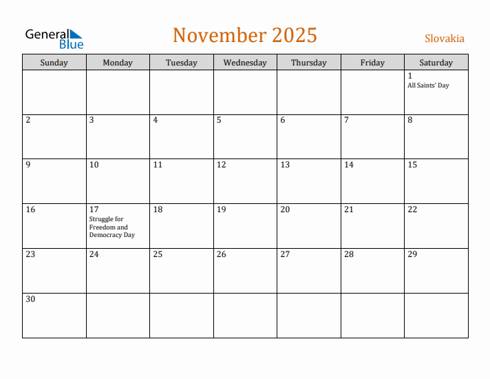 November 2025 Holiday Calendar with Sunday Start