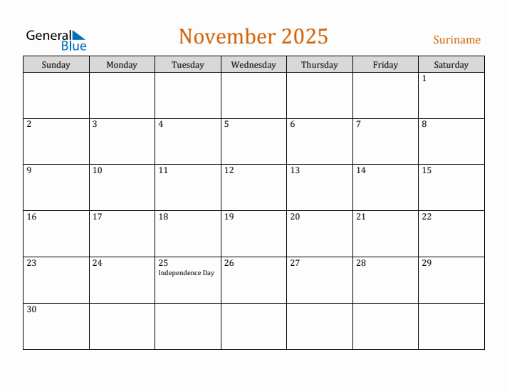 November 2025 Holiday Calendar with Sunday Start