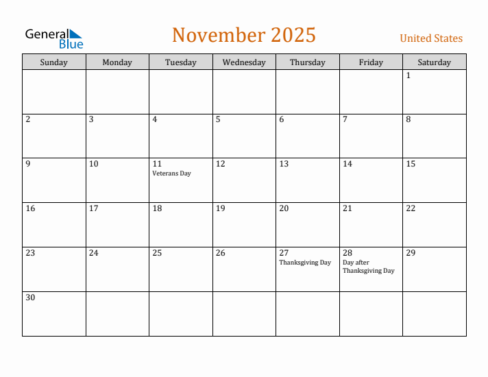 November 2025 Monthly Calendar with United States Holidays