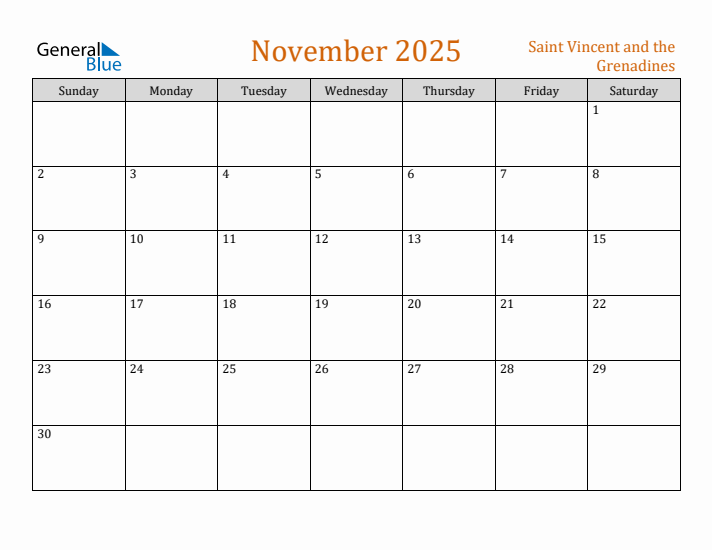 November 2025 Holiday Calendar with Sunday Start