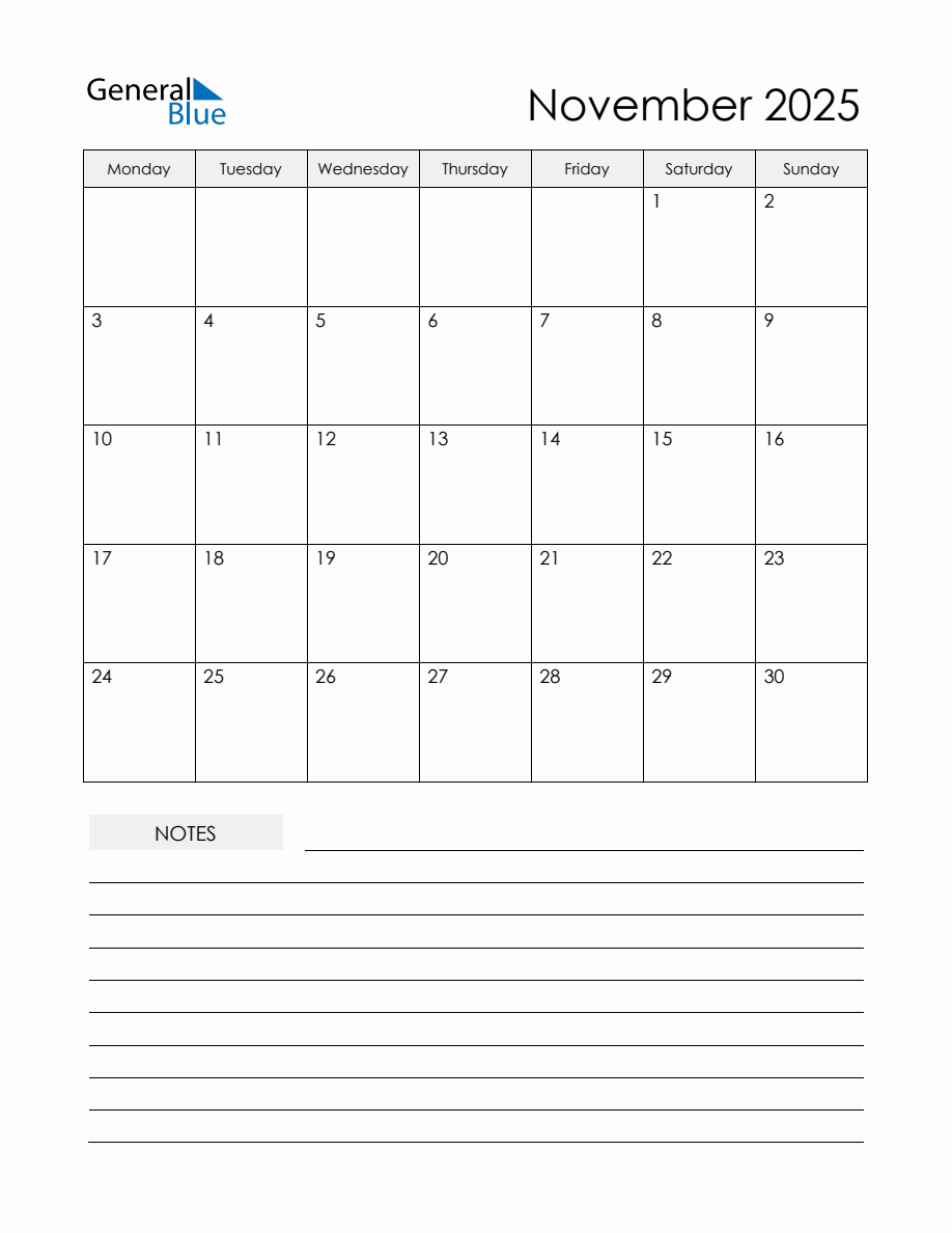 November 2025 Monthly Planner Calendar - Monday Start