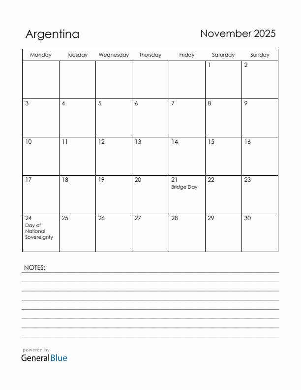 November 2025 Argentina Calendar with Holidays (Monday Start)
