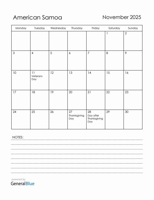 November 2025 American Samoa Calendar with Holidays (Monday Start)