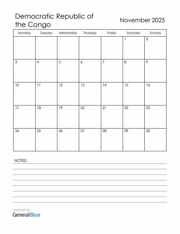 November 2025 Democratic Republic of the Congo Calendar with Holidays (Monday Start)