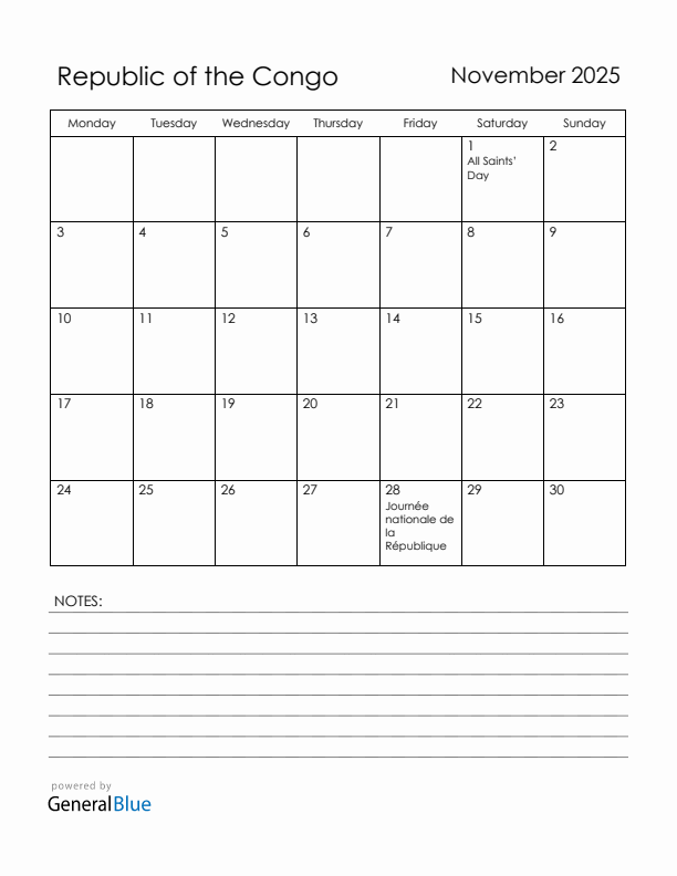November 2025 Republic of the Congo Calendar with Holidays (Monday Start)