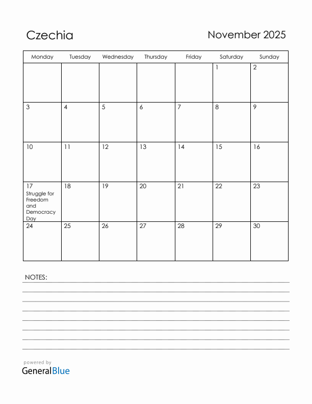 November 2025 Czechia Calendar with Holidays (Monday Start)