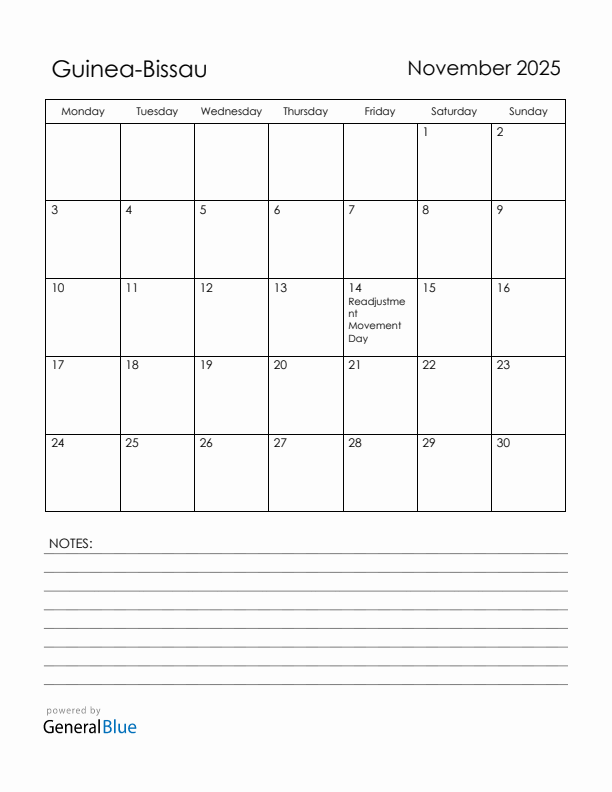 November 2025 Guinea-Bissau Calendar with Holidays (Monday Start)