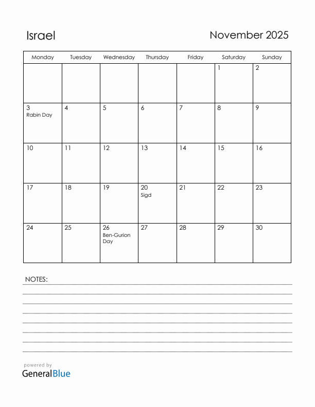 November 2025 Israel Calendar with Holidays (Monday Start)