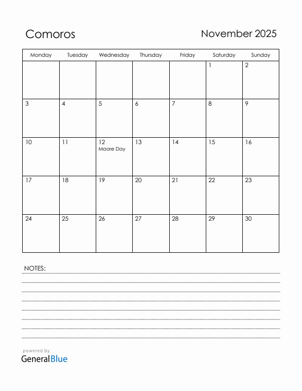 November 2025 Comoros Calendar with Holidays (Monday Start)