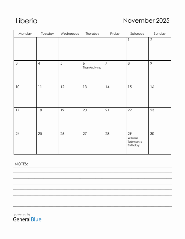 November 2025 Liberia Calendar with Holidays (Monday Start)