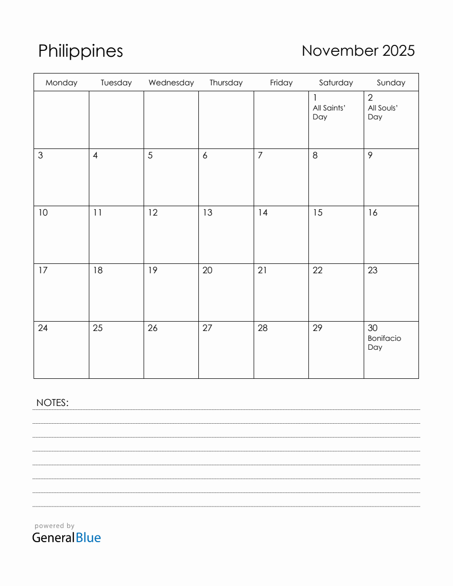 November 2025 Philippines Calendar with Holidays (Monday Start)