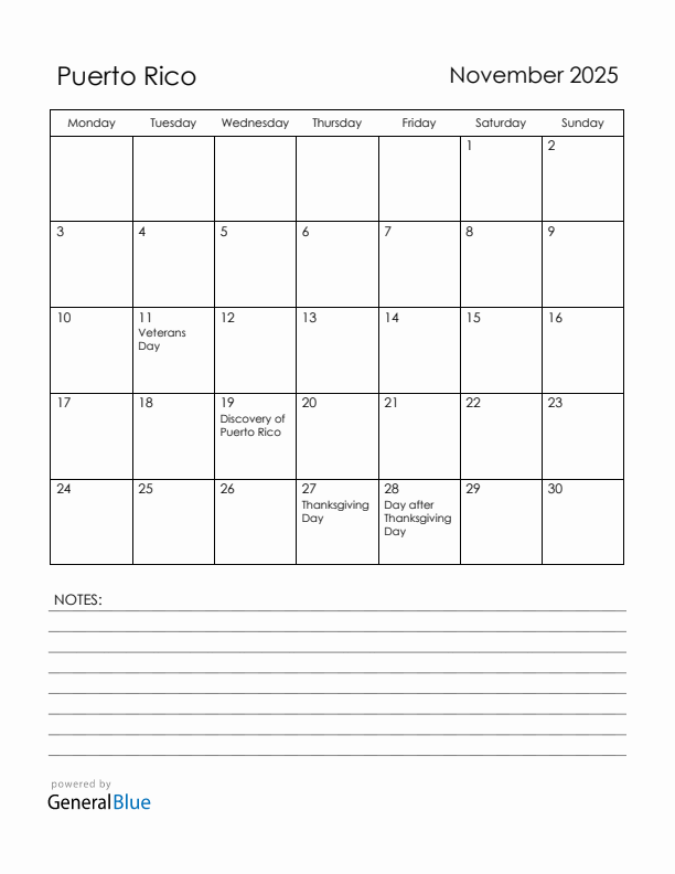 November 2025 Puerto Rico Calendar with Holidays (Monday Start)