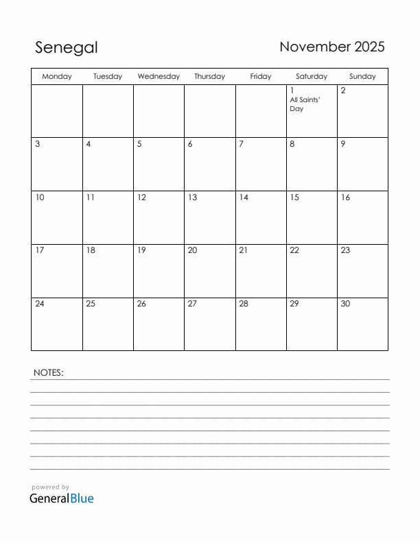 November 2025 Senegal Calendar with Holidays (Monday Start)