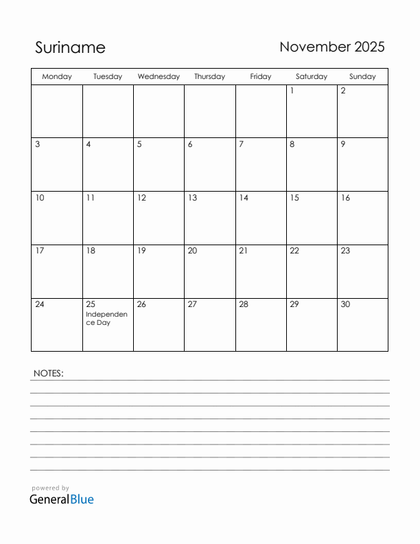 November 2025 Suriname Calendar with Holidays (Monday Start)