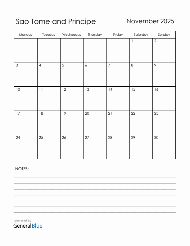 November 2025 Sao Tome and Principe Calendar with Holidays (Monday Start)
